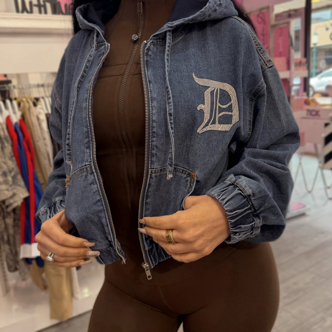 Detroit Rhinestone Denim Zip Hoodie