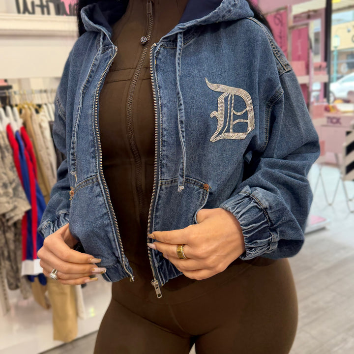 Detroit Rhinestone Denim Zip Hoodie