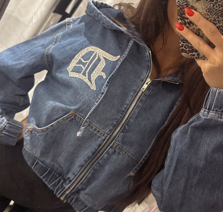 Detroit Rhinestone Denim Zip Hoodie