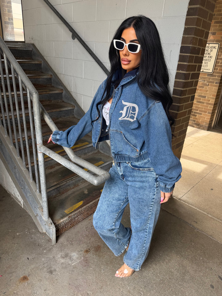 Detroit Rhinestone Denim Zip Hoodie
