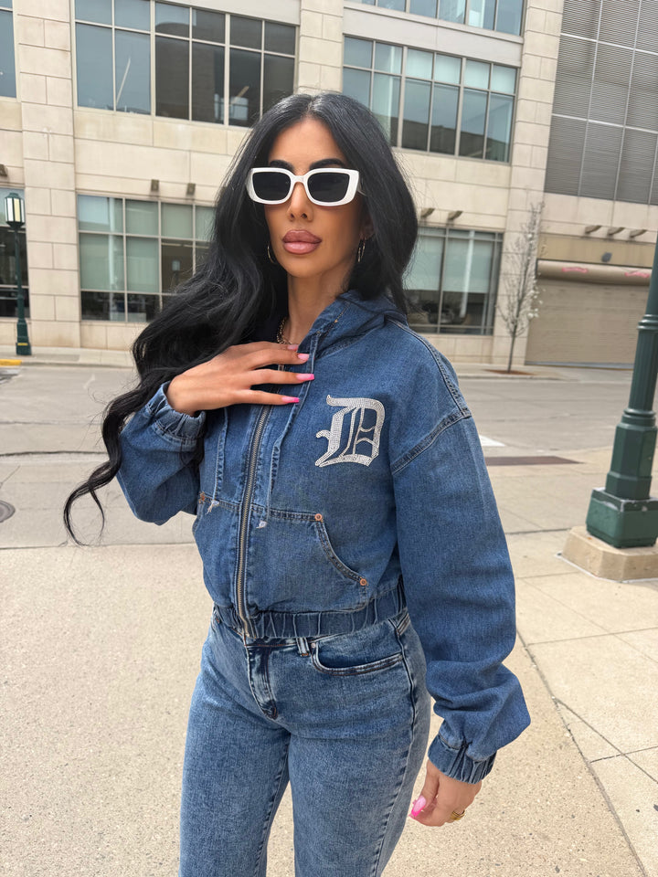 Detroit Rhinestone Denim Zip Hoodie