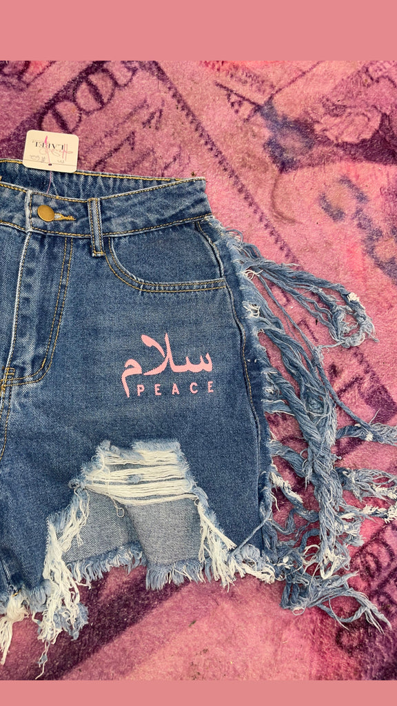 Peace denim fringe shorts